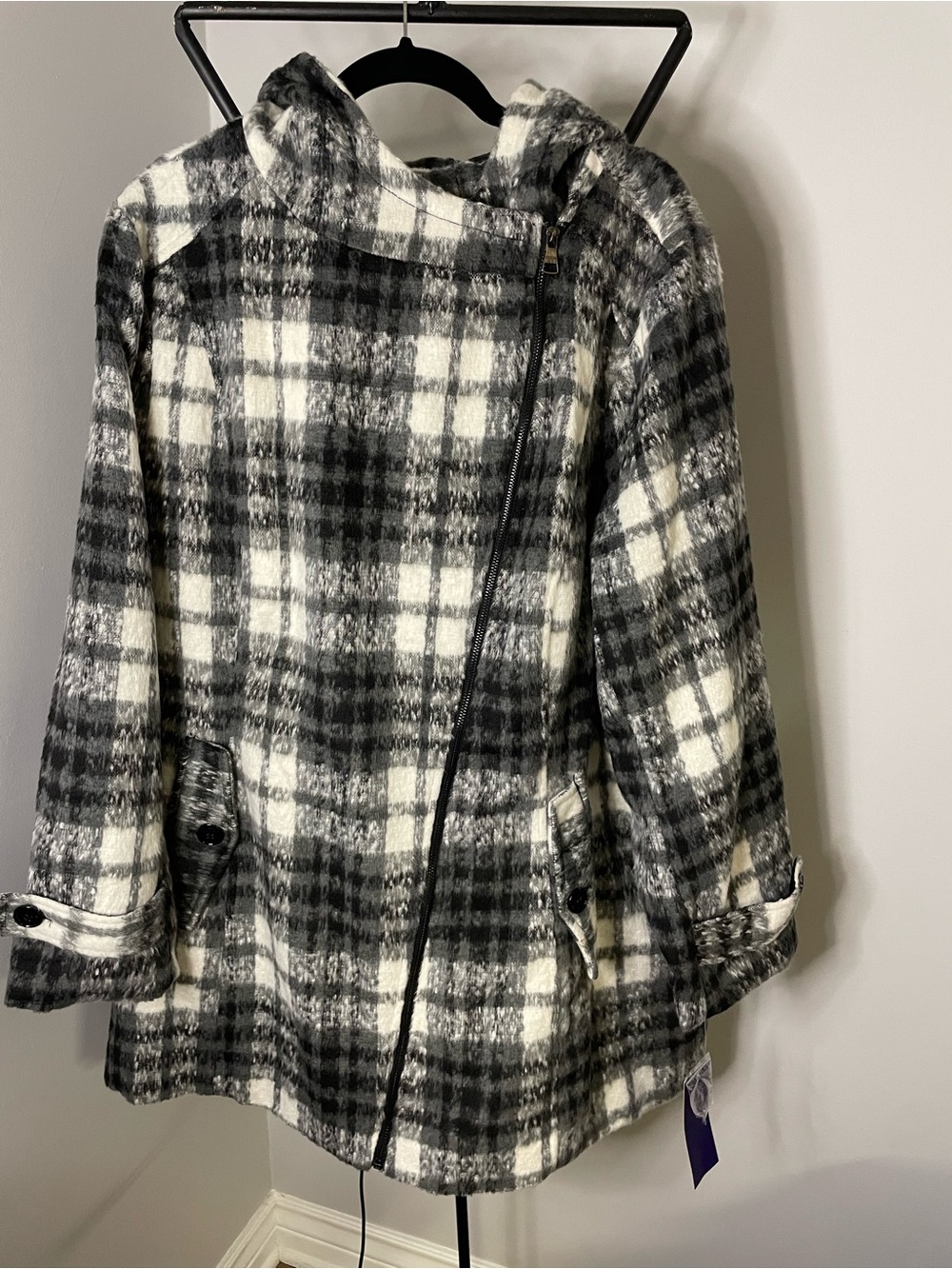 Madden Girl Black & White Plaid Hooded Pea Coat